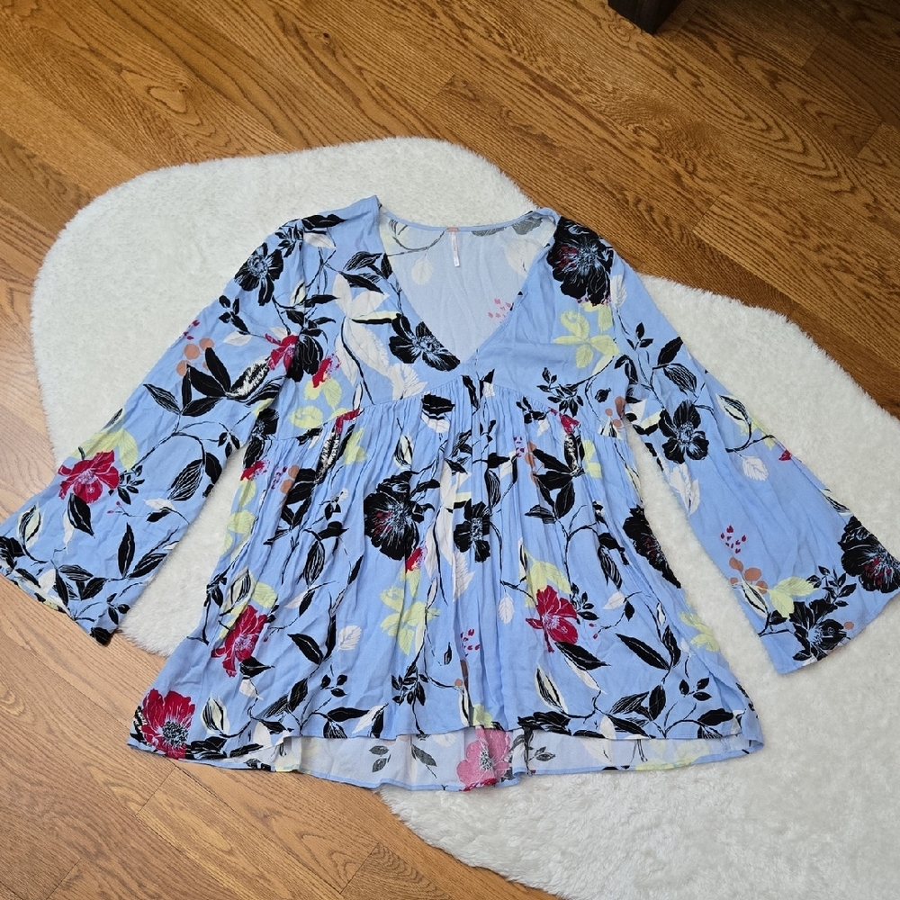 Free People Blue Floral Long Sleeve Dress, Womens Large
